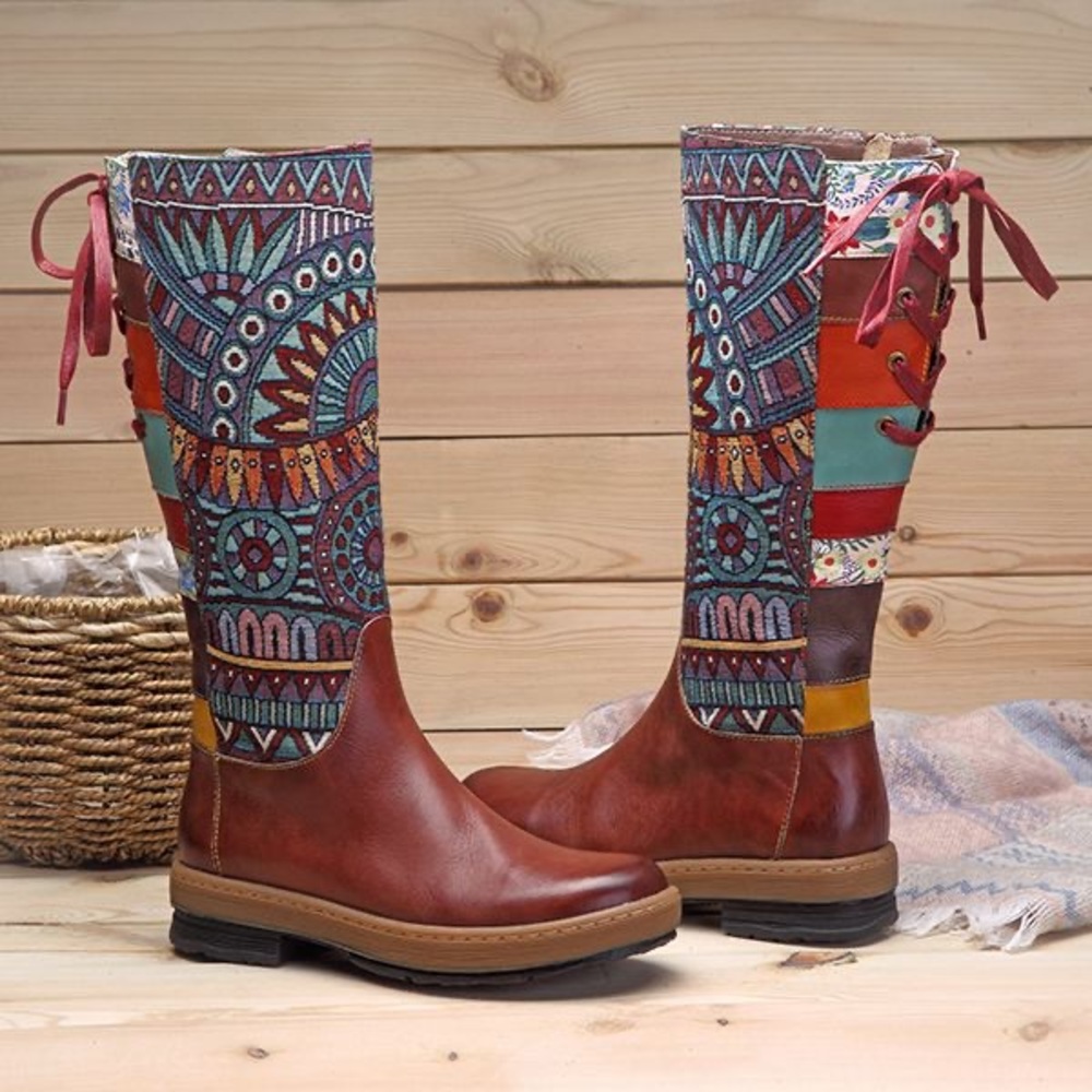 Socofy Bohemian Splicing Pattern Flat Leather - image 2